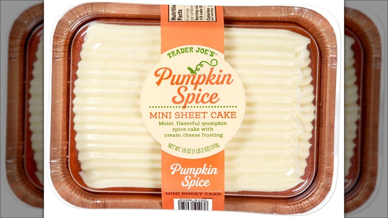 pumpkin spice sheet cake in plastic container
