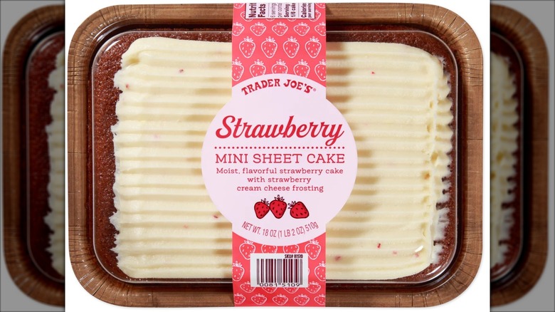 strawberry sheet cake in clear plastic container