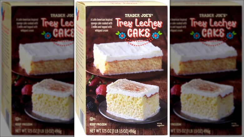 brown and beige box of frozen tres leches cake