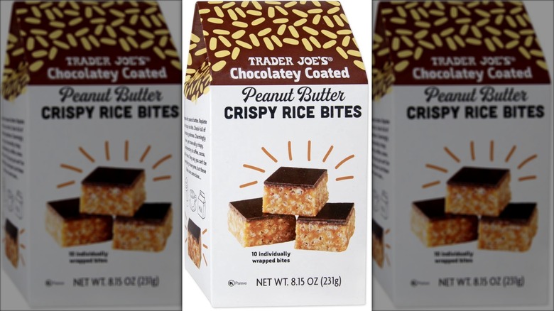 brown and white box of crispy rice bites with chocolate
