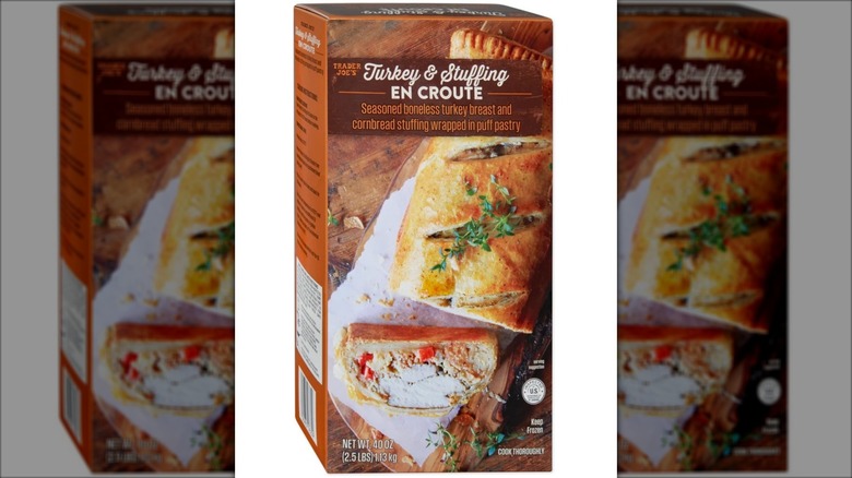 brown box of turkey and stuffinf roll in puff pastry