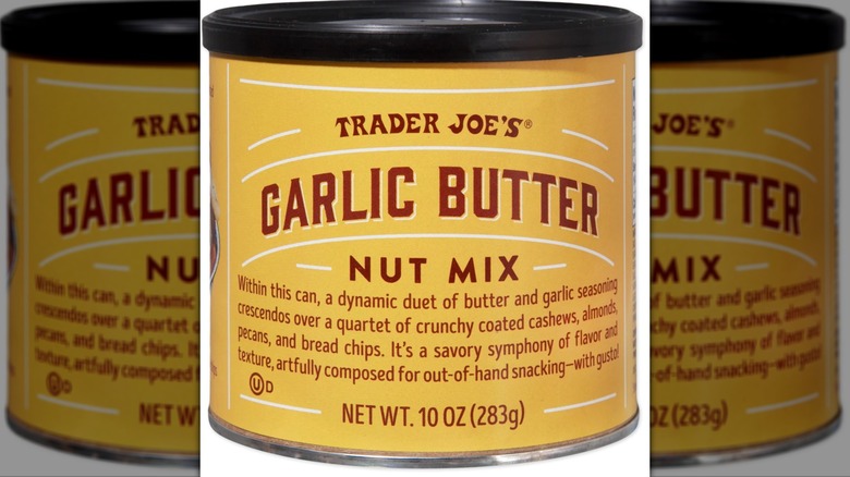 yellow wrapped can of garlic butter mixed nuts