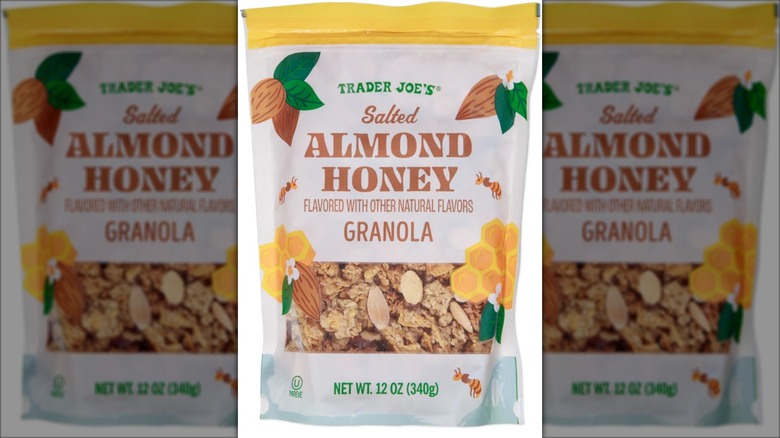 white bag of almond honey granola with yellow accents