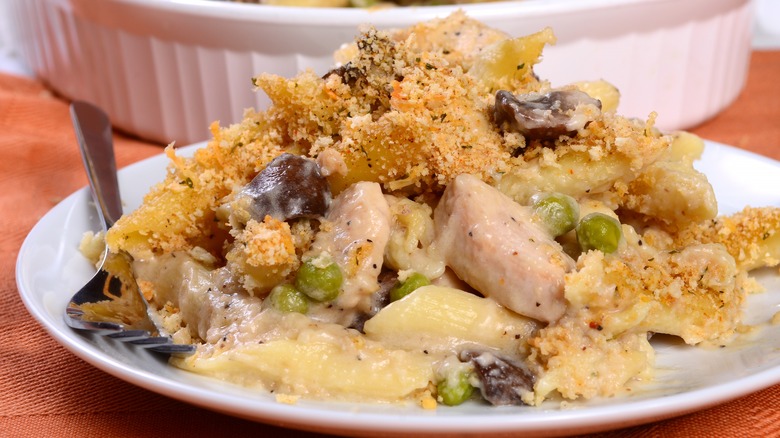 Close-up of turkey tetrazzini on white plate