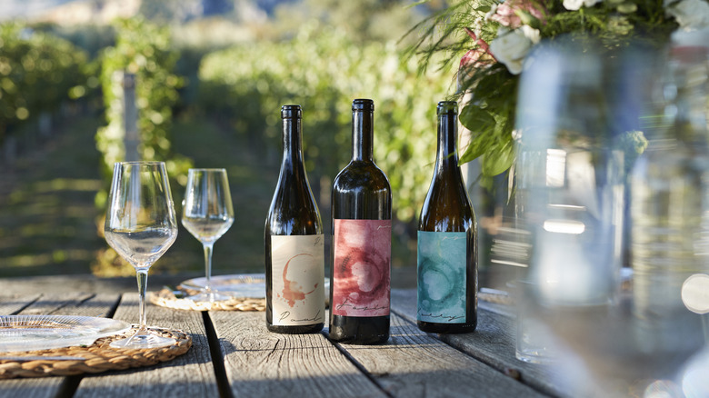 wine bottles and glasses on tabletop in vineyard