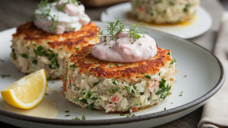 seared crab cakes on white plate with herbs and tartar sauce