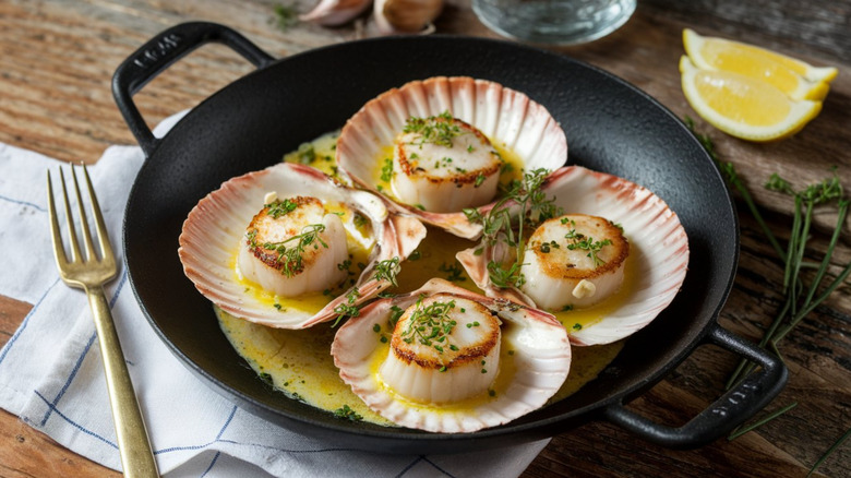 scallops on shells in cast iron pan on tabletop