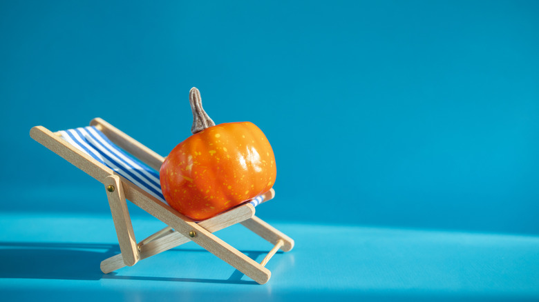 A small pumpkin rests on a beach chair
