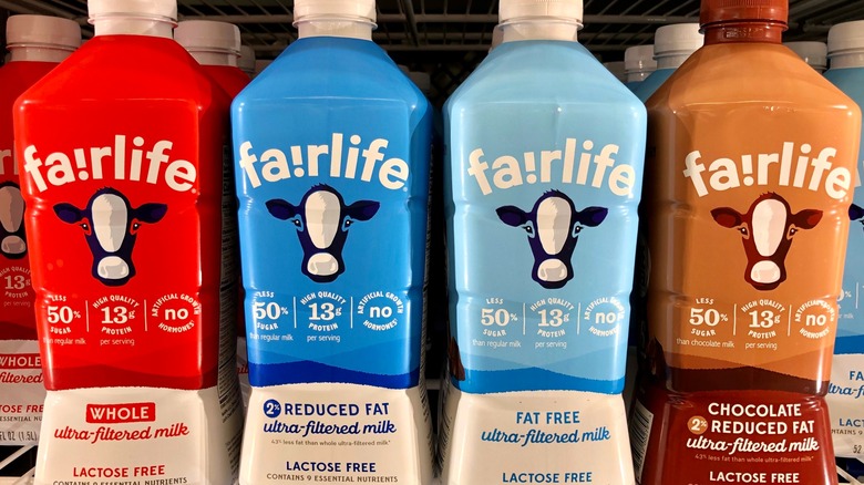 Several bottles of Fairlife milk on store shelf