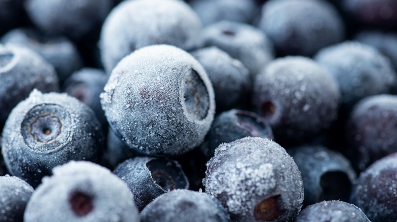 Close-up of frozen blueberries.