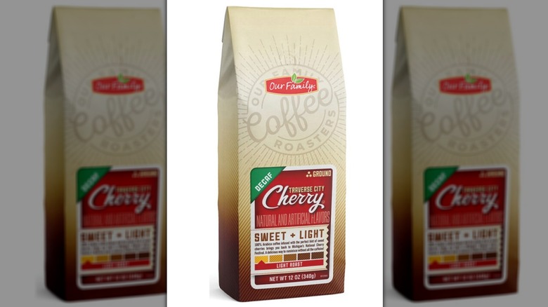 A pack of Our Family Traverse City Cherry Decaffeinated ground coffee