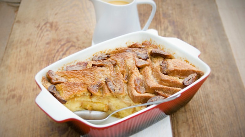 british-style bread and butter pudding in a casserole dish