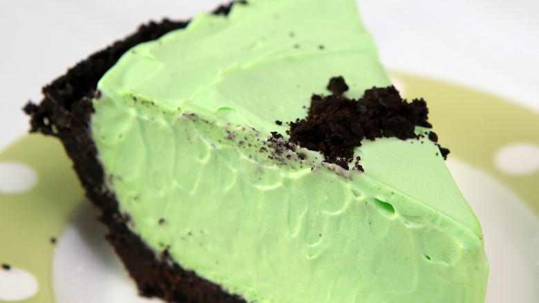 A slice of grasshopper pie (chocolate crust with a mint cream filling)