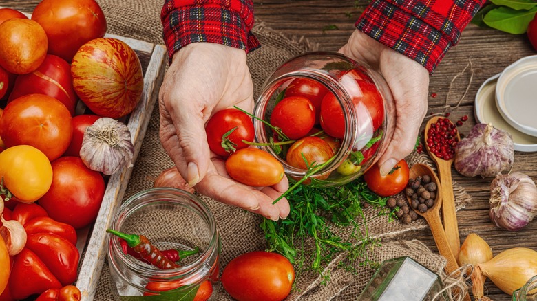 hands cradle tomatoes and seasonings
