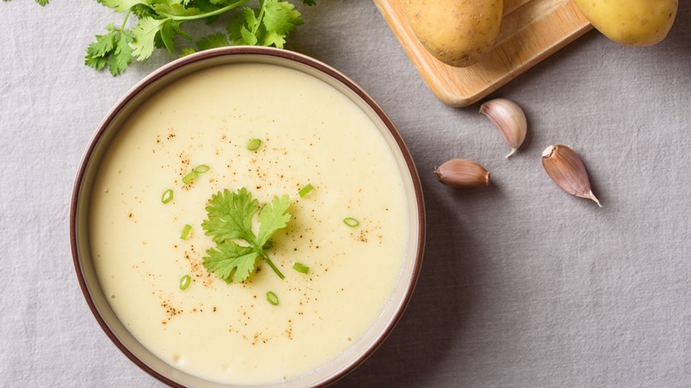 potato soup in bowl with herbs and produce