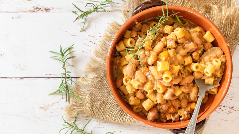 pasta fagioli in a ceramic bowl top down