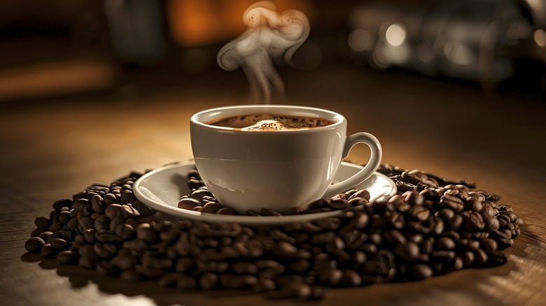 A white mug of hot coffee on a pile of coffee beans