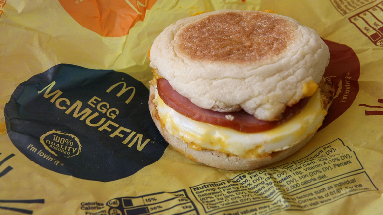 Egg McMuffin on unfolded wrapper closeup