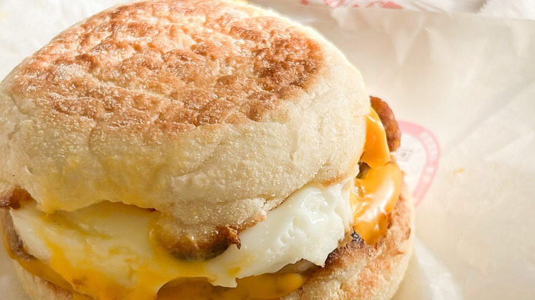 Close-up of an Egg McMuffin breakfast sandwich
