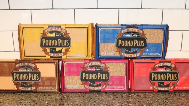 Stacked array of Trader Joe's pound plus chocolate bars