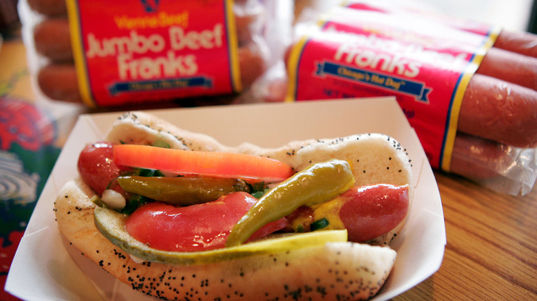 Vienna Beef hot dog prepared Chicago-style at company headquarters, 2005