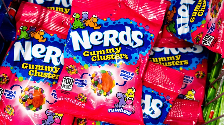 Closeup of Nerds Gummy Clusters packets