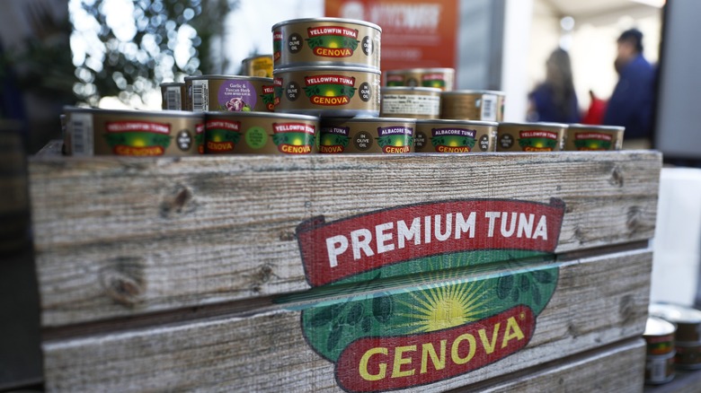 genova tuna atop a wooden display stand
