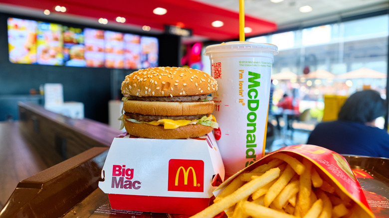 burger and fries inside McDonald's