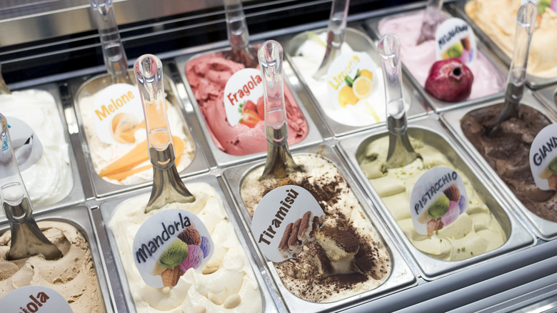 Cold case with bins of gelato