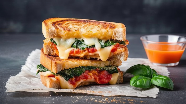 Grilled cheese sandwich with tomato and spinach stacked.