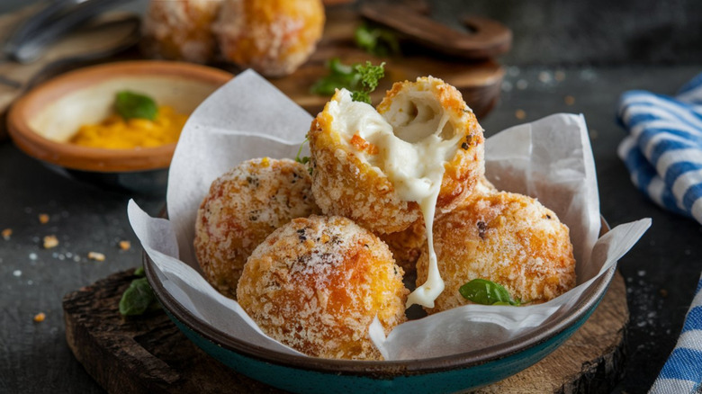 A plate of crispy rice croquettes filled with mozzarella cheese