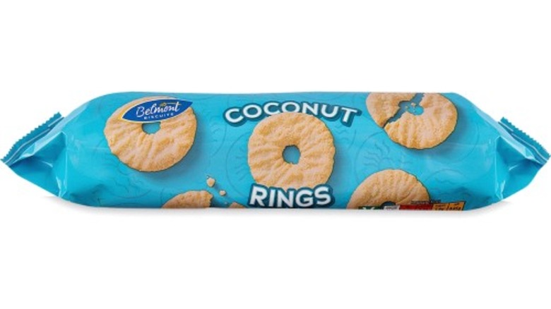 blue packet of belmont biscuits coconut rings on white background