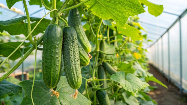 cucumbers growing on a vine in a greenhouse