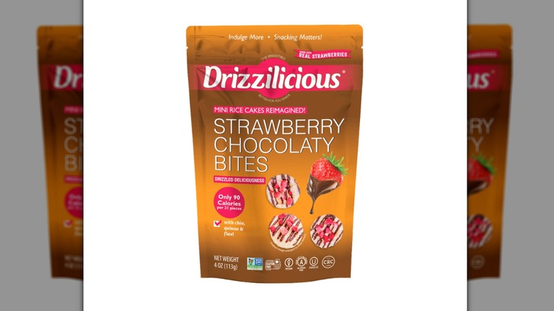 A bag of Drizzilicious® Strawberry Chocolaty Bites on a white background