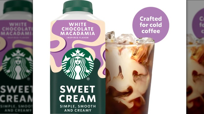 A bottle of Starbucks White Chocolate Macadamia Flavored Sweet Cream Creamer Perfect for Cold Brew & Iced Coffee on a white background