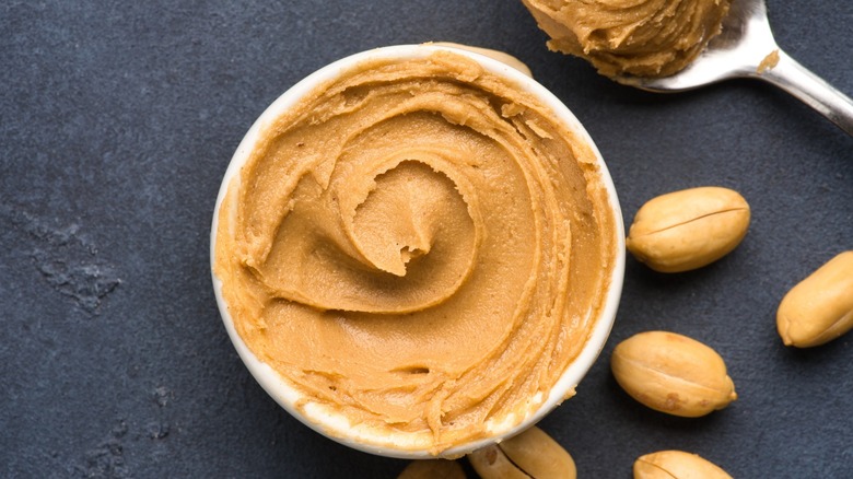 peanut butter with peanuts overhead view