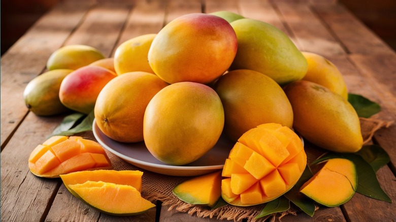 A bowl of ripe mangos and a few cut mangos.