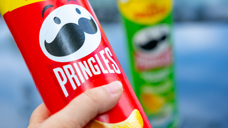 A close-up of a can of Pringles original flavor