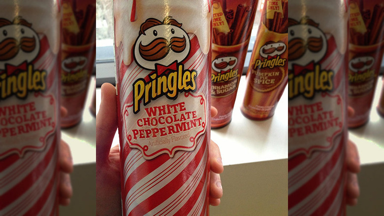 White chocolate peppermint Pringles container