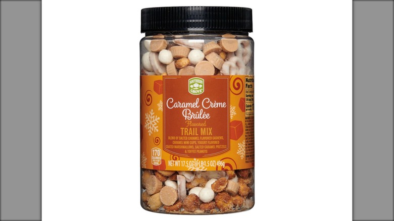 A jar of caramel creme brulee Southern Grove trail mix from Aldi