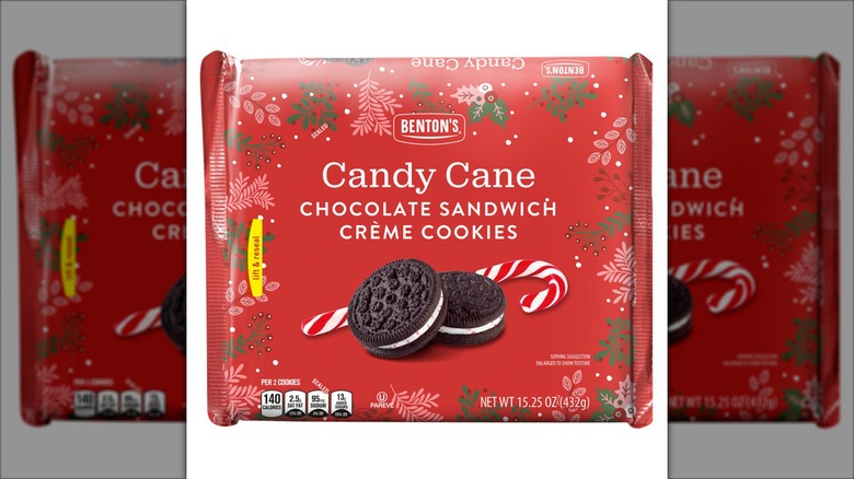 A packaged Benton's cookie with candy cane creme filling