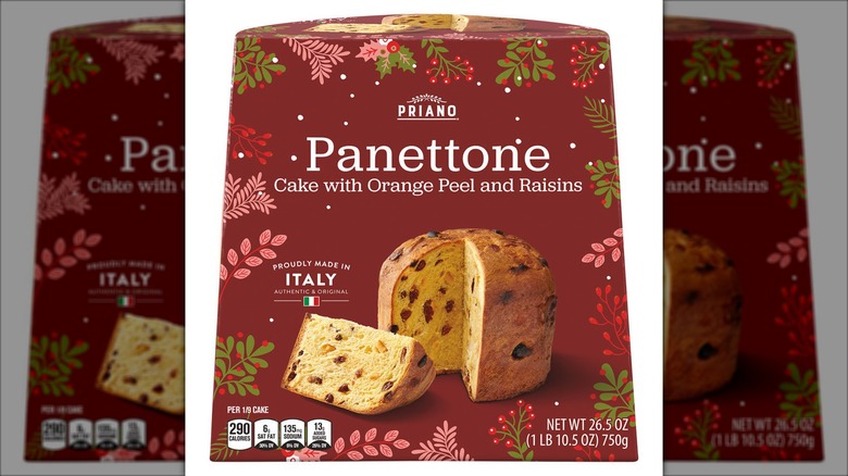 A boxed Panettone cake with orange peel and raisins