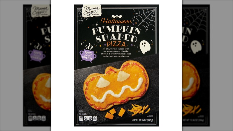 pumpkin shaped frozen pizza in black box