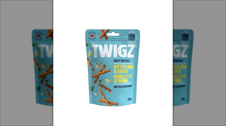 seasoned pretzel sticks in a blue bag