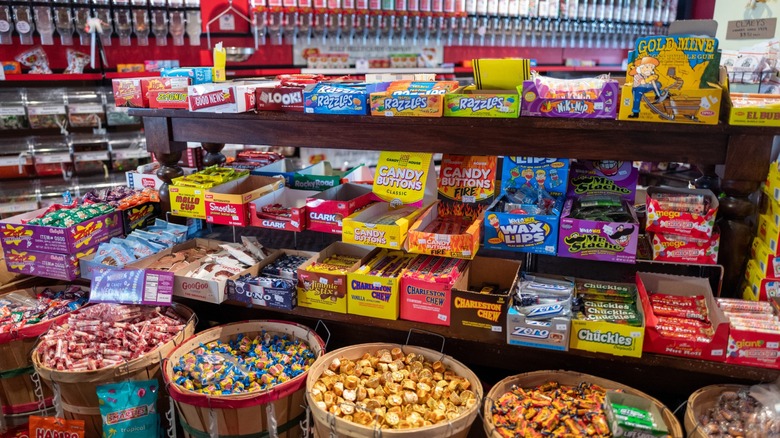boxes and baskets of candy at a candy store