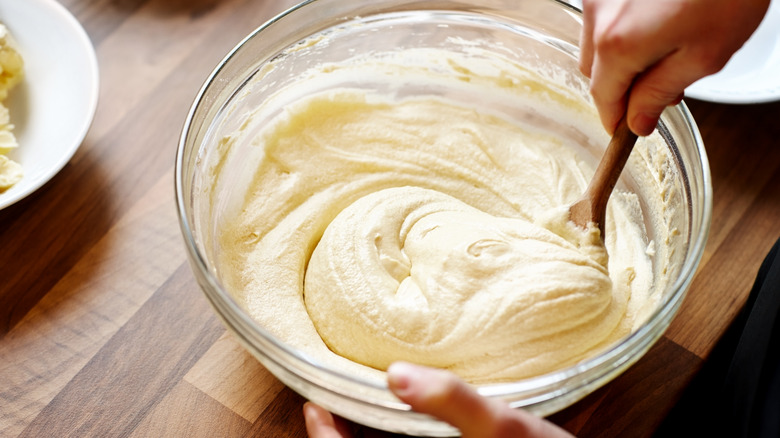 Mixing cake batter in a bowl