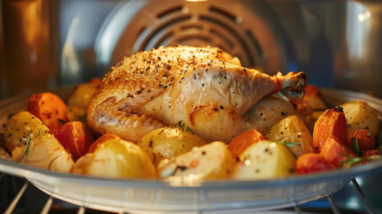 Chicken and vegetables roasting in the oven