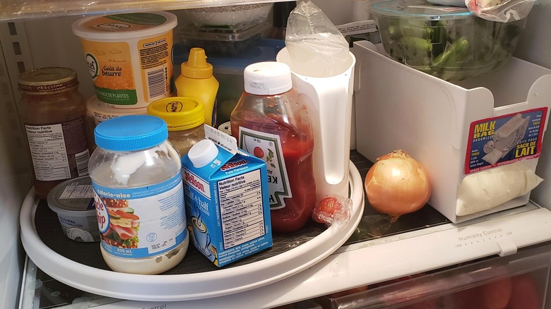 Foods in fridge on lazy susan
