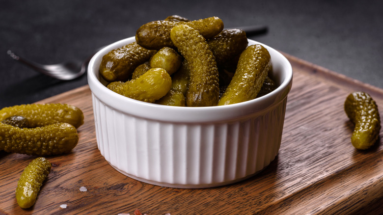 Bowl of mini pickles.