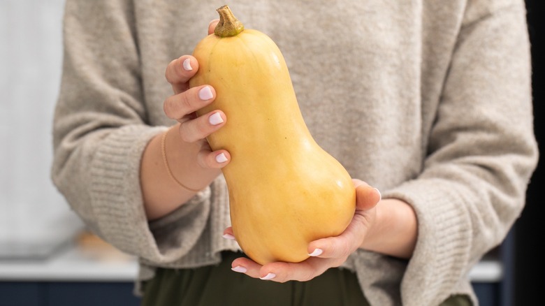 hands hold a ripe butternut squash
